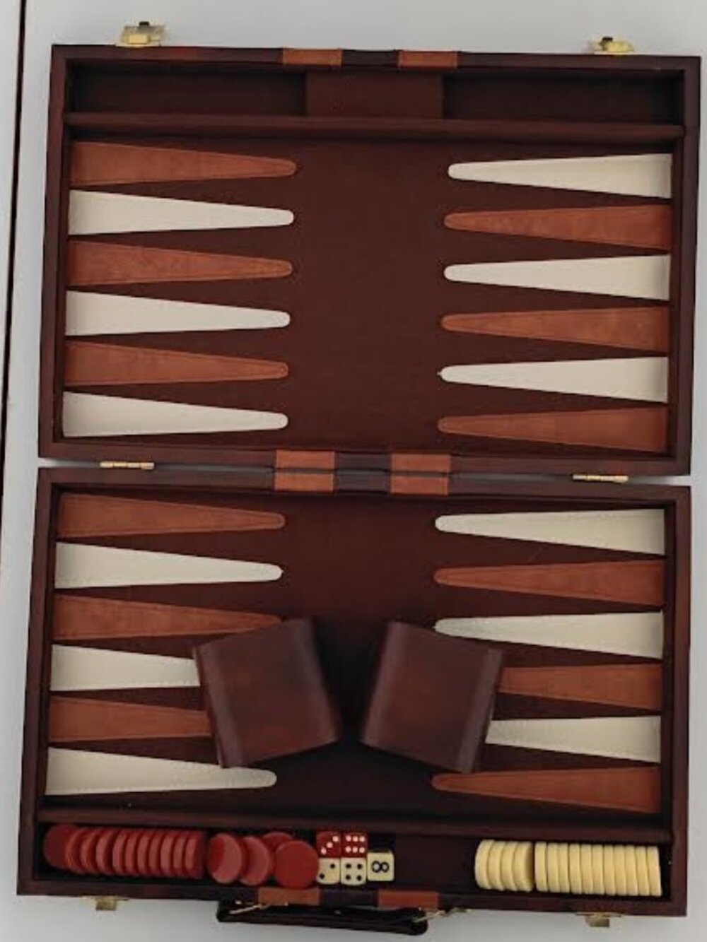 VINTAGE BACKGAMMON SET BROWN CREAM FAUX LEATHER CASE COMPLETE NO INSTRUCTIONS